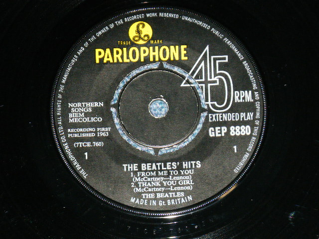 画像: THE BEATLES -　THE BEATLES' HITS (The PARLOPHONE Credt on Label Ring) ( Matrix # 2N/1N )  ( Ex+/Ex++ ) / 1963 UK ORIGINAL MONO Used 7"EP With PICTUER SLEEVE