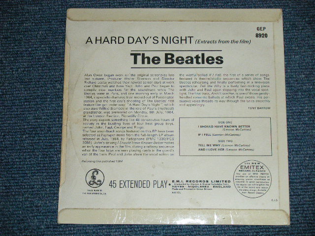 画像: THE BEATLES - A HARD DAYS NIGHT  (The PARLOPHONE Credt on Label Ring   ) ( Matrix # 1N/2N)  ( Ex+/Ex++ ) / 1964 UK ORIGINAL MONO Used 7"EP With PICTUER SLEEVE