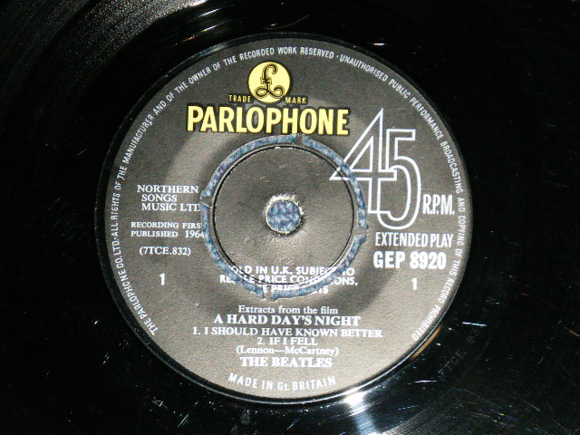 画像: THE BEATLES - A HARD DAYS NIGHT  (The PARLOPHONE Credt on Label Ring   ) ( Matrix # 1N/2N)  ( Ex+/Ex++ ) / 1964 UK ORIGINAL MONO Used 7"EP With PICTUER SLEEVE