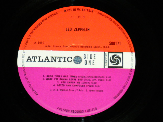 画像: LED ZEPPELIN - LED ZEPPELIN I ( 2nd Press ORANGE  Text Front Cover)( Matrix Number A) 588171 A//1 : B) 588171 B//1 ) ( Ex++/Ex++ B-5]Poor Jump)  / 1969 UK ENGLAND ORIGINAL 2nd Press "ORANGE Text on Front Cover Top" " RED & PLUM  Label" Used LP 