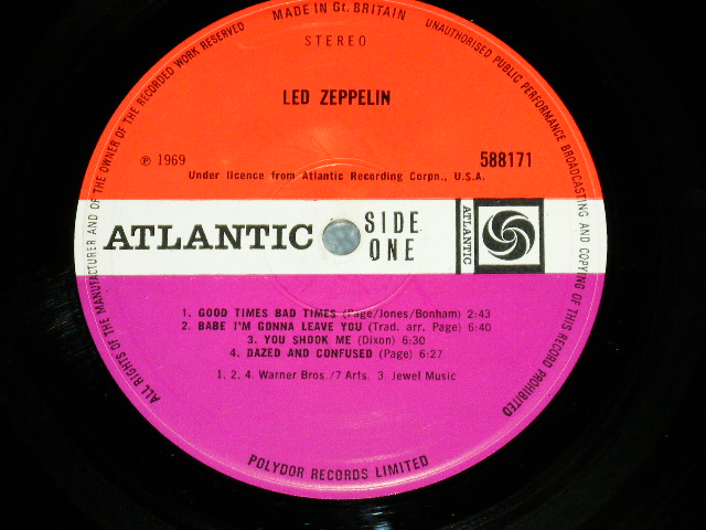 画像: LED ZEPPELIN - LED ZEPPELIN I ( 2nd Press ORANGE  Text Front Cover)( Matrix Number A) 588171 A//1 : B) 588171 B//1 ) ( Ex++/Ex++ Looks:Ex)  / 1969 UK ENGLAND ORIGINAL 2nd Press "ORANGE Text on Front Cover Top" " RED & PLUM  Label" Used LP 