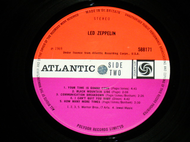 画像: LED ZEPPELIN - LED ZEPPELIN I ( 2nd Press ORANGE  Text Front Cover)( Matrix Number A) 588171 A//1 : B) 588171 B//1 ) ( Ex++/Ex++ Looks:Ex)  / 1969 UK ENGLAND ORIGINAL 2nd Press "ORANGE Text on Front Cover Top" " RED & PLUM  Label" Used LP 