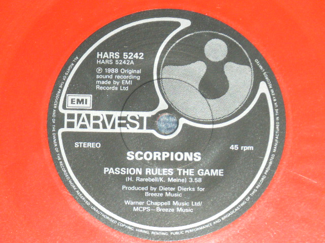 画像: SCORPIONS - PASSION RULES THE GAME : EVERY MINUTE EVERY DAY  (MINT-/MINT-)  / 1988 UK ENGLAND  ORIGINAL Limited "RED WAX Vinyl"  Used 7" Single 