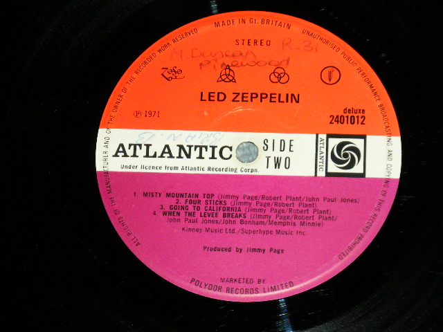 画像:  LED ZEPPELIN -  IV 4 ( Matrix #)(Ex+++/MINT- Looks:MINT)  / 1971 UK ENGLAND ORIGINAL "RED & PLUM Label" Used LP With ORIGINAL CUSTOM INNER SLEEVE  