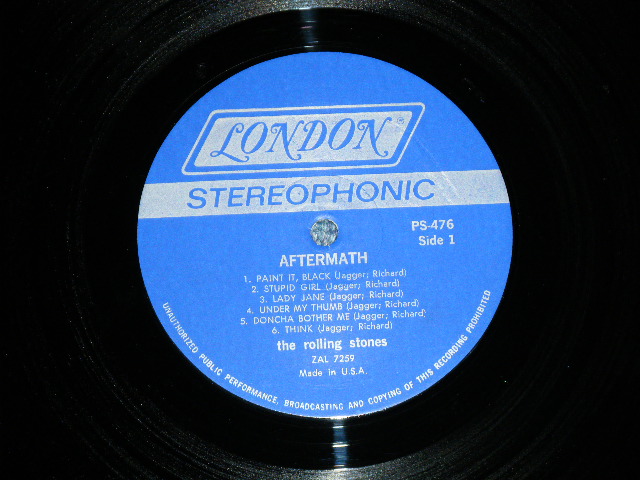 画像: ROLLING STONES - AFTERMATH ("STEREO PS-476" & "LONDON" Logo on Top Front Cover &  " NO CREDIT at BOTTOM Label" )   ( Matrix # ZAL 7259 WE REPL W △17225 / ZAL 7260 WE REPL W △17225-X ) ( Ex/Ex++ Looks:Ex+, Ex++ : Edge Split )  / EARLY 70's  US AMERICA  Used LP 