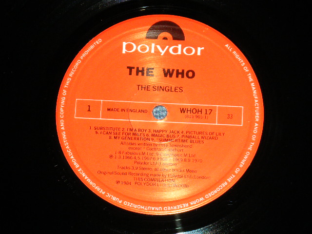 画像: THE WHO  - THE SINGLES ( Ex+++/MINT- ) / 1984 UK ENGLAND ORIGINAL  Used  LP 