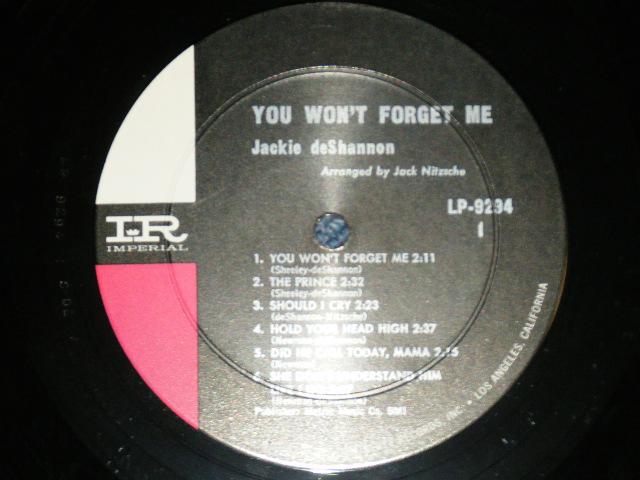 画像: JACKIE DeSHANNON  DE SHANNON - YOU WON'T FORGET ME (  Ex++/Ex+++) / 1965 US AMERICA ORIGINAL  "BLACK With PINK" Label MONO Used LP 