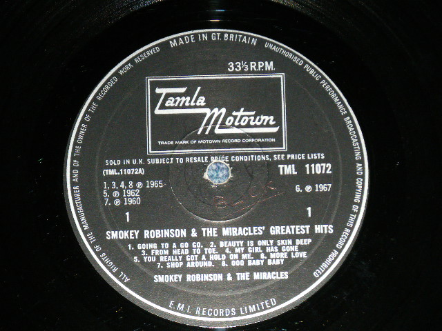 画像: SMOKEY ROBINSON and The MIRACLES -GREATEST HITS  ( Matrix # A-1/B-1) (Ex++/Ex++  ) / 1968 UK ENGLAND ORIGINAL MONO Used  LP