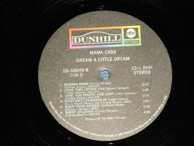 画像: MAMA CASS (ELLIOT) of MAMAS & PAPAS  - DREAM A LITTLE DREAM (1st SOLO Album) ( A) DS-50040-A-1A   B) DS-50040-B ) (MINT-/MINT)  / 1968 US AMERICA ORIGINAL 2nd press "Un-GLOSSY Label" "DS-50040 on Label" Used LP 