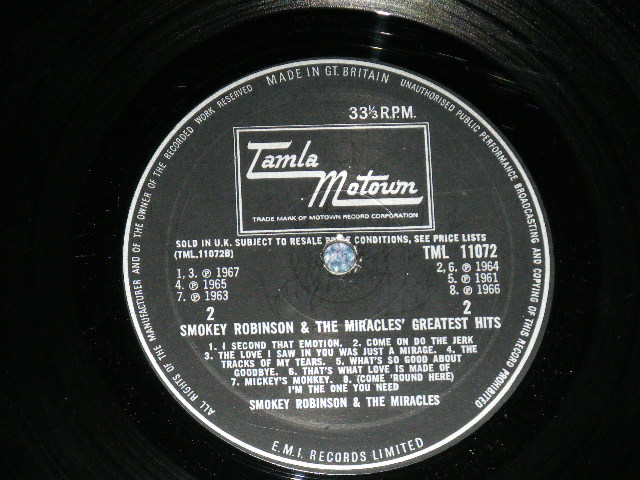 画像: SMOKEY ROBINSON and The MIRACLES -GREATEST HITS  ( Matrix # A-1/B-1) (Ex++/Ex++  ) / 1968 UK ENGLAND ORIGINAL MONO Used  LP