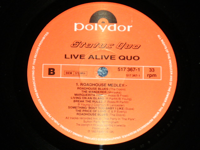 画像: STATUS QUO - LIVE ALIVE QUO  ( Matrix # A1/1B ) ( NEW) / 1992 UK ENGLAND ORIGINAL "BRAND NEW"  LP 