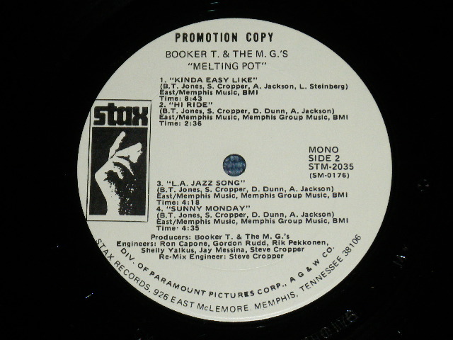 画像:   BOOKER T.& THE MG'S -  MELTING POT  ( Matrix # -SM 0175-1/SM 0176-1 ) ( Ex+/Ex+++ :EDSP ) / 1971 US AMERICA  ORIGINAL Used LP   "PROMO ONLY MONO Mix" "WHITE Label 'PROMO' with MEMPHIS ADDRESS with DIV. Of PARAMOUNT"