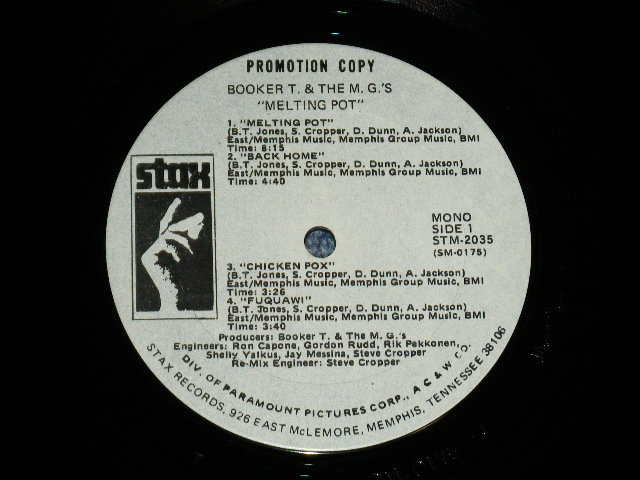 画像:   BOOKER T.& THE MG'S -  MELTING POT  ( Matrix # -SM 0175-1/SM 0176-1 ) ( Ex+/Ex+++ :EDSP ) / 1971 US AMERICA  ORIGINAL Used LP   "PROMO ONLY MONO Mix" "WHITE Label 'PROMO' with MEMPHIS ADDRESS with DIV. Of PARAMOUNT"
