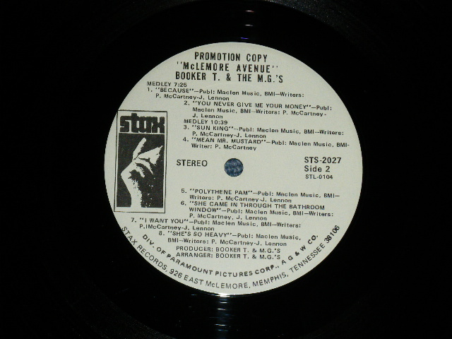 画像:   BOOKER T.& THE MG'S - McLEMORE AVENUE  ( Matrix # -STL-0103-2/STL-0104-2 ) ( Ex+/Ex+++ :EDSP ) / 1970 US AMERICA  ORIGINAL   "WHITE Label 'PROMO' with MEMPHIS ADDRESS with DIV. Of PARAMOUNT"