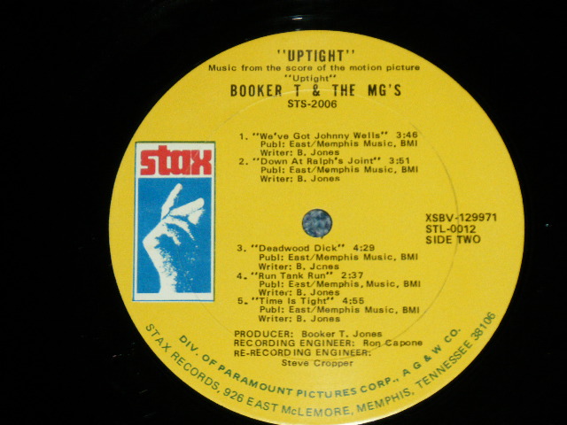 画像: ost BOOKER T.& THE MG'S - UPTIGHT ( Matrix # XSBV-129970-1B STL-0011  / XSBV-129971-1B STL-0012 )  ( Ex/Ex+++ Looks:Ex+ B-2,3:Scratches : BB,EDSP) / 1969 US AMERICA  ORIGINAL "YELLOW Label with MEMPHIS ADDRESS with DIV. Of PARAMOUNT"  Used LP 