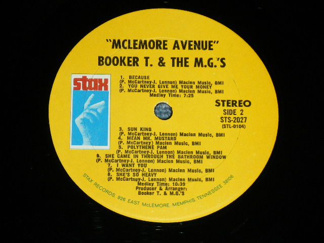 画像:   BOOKER T.& THE MG'S - McLEMORE AVENUE  ( Matrix # -STL-0103/STL-0104 ) ( Ex+/Ex+ B-2:Ex- BB,WOBC,:WROL,EDSP ) / 1970 US AMERICA  ORIGINAL   "YELLOW Label with MEMPHIS ADDRESS" Used LP 