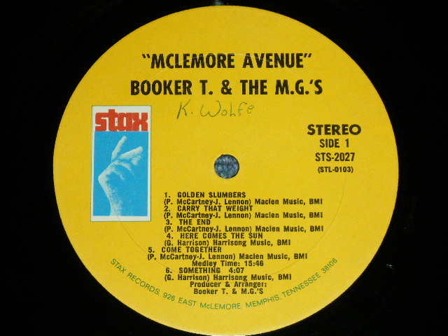 画像:   BOOKER T.& THE MG'S - McLEMORE AVENUE  ( Matrix # -STL-0103/STL-0104 ) ( Ex+/Ex+ B-2:Ex- BB,WOBC,:WROL,EDSP ) / 1970 US AMERICA  ORIGINAL   "YELLOW Label with MEMPHIS ADDRESS" Used LP 