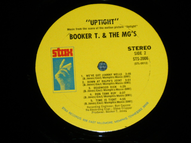 画像: ost BOOKER T.& THE MG'S - UPTIGHT ( Matrix # XSBV-129970-1A STL-0011 △12853 / XSBV-129971-1A STL-0012 △12853-x )  ( Ex+++/MINT- ) / 1969 US AMERICA  ORIGINAL "YELLOW Label with MEMPHIS ADDRESS"  Used LP 