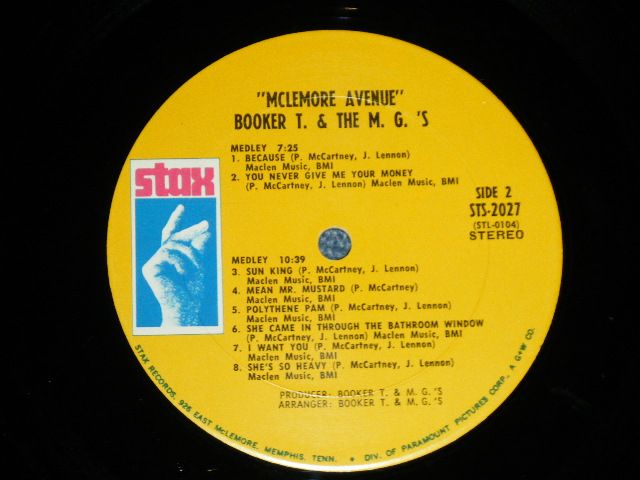 画像:   BOOKER T.& THE MG'S - McLEMORE AVENUE  ( Matrix # -STL-0103/STL-0104 ) ( Ex++/Ex++ :EDSP ) / 1970 US AMERICA  ORIGINAL   "YELLOW Label with MEMPHIS ADDRESS with DIV. Of PARAMOUNT" Used LP 
