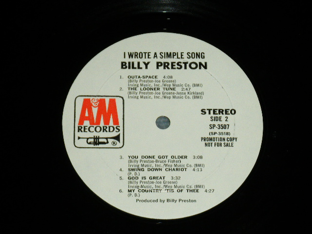 画像: BILLY PRESTON -   I WROTE A SIMPLE SONG ( Matrix # A&M SP 3517 M1 △16452/ A&M SP 3518 M1 △16452-x) ( Ex++/Ex+++ ; EDSP,BB Hole for PROMO )  /  1971 US AMERICA ORIGINAL "WHITE Label PROMO" Used LP 