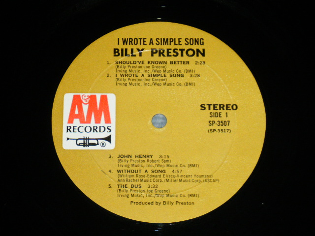 画像: BILLY PRESTON -   I WROTE A SIMPLE SONG ( Matrix # A&M SP 3517 M1 △16452/ A&M SP 3518 M1 △16452-x) ( Ex++/MINT-; EDSP  )  /  1971 US AMERICA ORIGINAL "BROWN Label" Used LP 