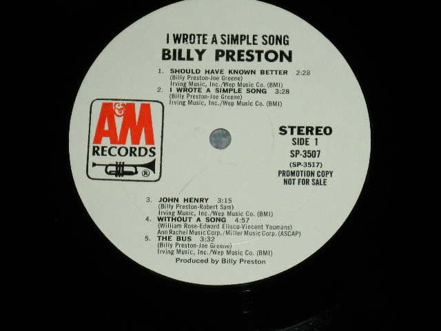 画像: BILLY PRESTON -   I WROTE A SIMPLE SONG ( Matrix # A&M SP 3517 M1 △16452/ A&M SP 3518 M1 △16452-x) ( Ex++/Ex+++ ; EDSP,BB Hole for PROMO )  /  1971 US AMERICA ORIGINAL "WHITE Label PROMO" Used LP 