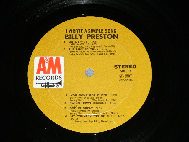 画像: BILLY PRESTON -   I WROTE A SIMPLE SONG ( Matrix # A&M SP 3517 M2 RPEL △17043(1)/ A&M SP 3518 M1 △16452-x(3)) ( Ex/Ex+++ Seam EDSP  )  /  1971 US AMERICA ORIGINAL "BROWN Label" Used LP