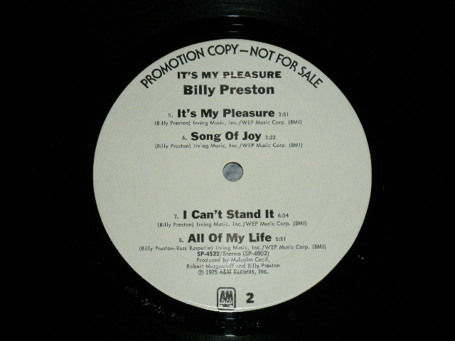 画像: BILLY PRESTON -   IT'S MY PLEASURE ( Matrix # A) A&M SP 4801 M-4  △19912(5)   KENDUN      B)  A&M SP 4802 M3   KENDUN  △19912-x) ( Ex+/Ex+++ Looks:MINT-  )  /  1975 US AMERICA ORIGINAL  Used LP 