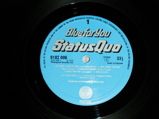 画像: STATUS QUO - BLUE FOR YOU ( Matrix # 1//2 / 2//2 ) ( Ex+++/MINT- ) / 1976 UK ENGLAND ORIGINAL Used LP 