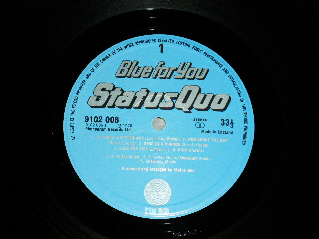 画像: STATUS QUO - BLUE FOR YOU ( Matrix # 1//2 / 1//2 ) ( Ex+/MINT- ) / 1976 UK ENGLAND ORIGINAL Used LP 