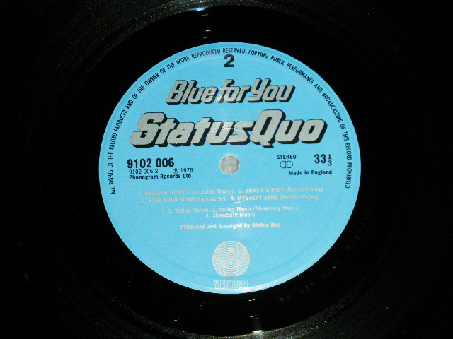 画像: STATUS QUO - BLUE FOR YOU ( Matrix # 1//2 / 2//2 ) ( Ex+++/MINT- ) / 1976 UK ENGLAND ORIGINAL Used LP 