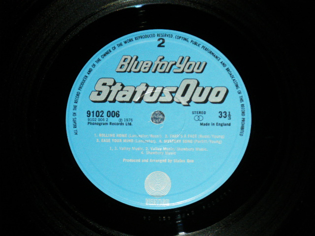 画像: STATUS QUO - BLUE FOR YOU ( Matrix # 1//2 / 1//2 ) ( Ex+/MINT- ) / 1976 UK ENGLAND ORIGINAL Used LP 
