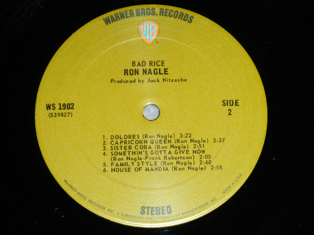 画像: RON NAGLE - BAD RICE : Produced by JACK NITZCHE Guitar by RY COODER) (  Ex+/Ex+++ : edsp ) / 1970 US AMERICA ORIGINAL "GREEN with 'WB' Logo on Top Label"  Used LP