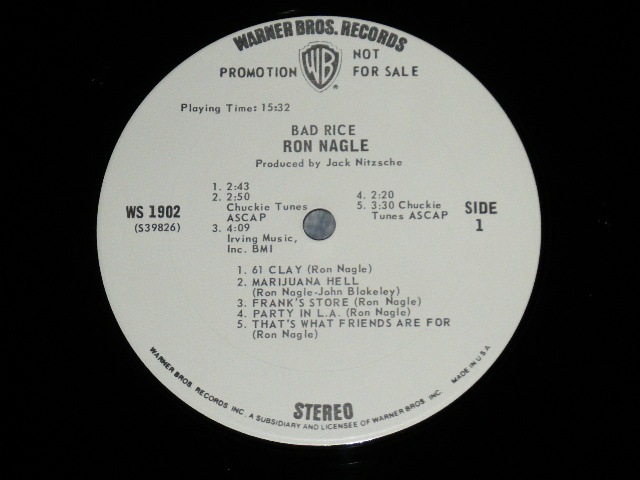 画像: RON NAGLE - BAD RICE : Produced by JACK NITZCHE Guitar by RY COODER) （with PROMO PICTURE!!!!  ） (  Ex++/MINT- ) / 1970 US AMERICA ORIGINAL "WHITE LABEL PROMO"  Used LP