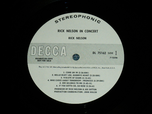 画像: RICK NELSON - IN CONCERT   ( Ex+/MINT-: WOBC)   / 1970 US AMERICA  ORIGINAL "WHITE LABEL PROMO" Used LP 