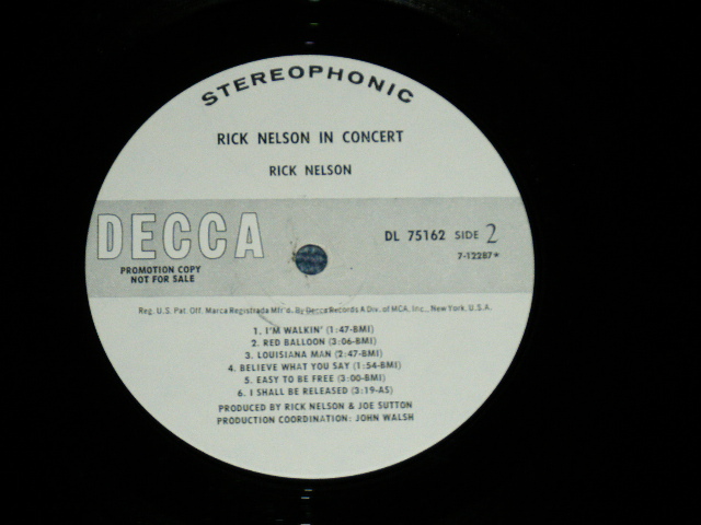 画像: RICK NELSON - IN CONCERT   ( Ex+/MINT-: WOBC)   / 1970 US AMERICA  ORIGINAL "WHITE LABEL PROMO" Used LP 