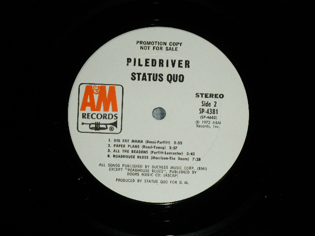 画像: STATUS QUO -  PILEDRIVER ( Ex++/MINT- : EDSP ) / 1972 US AMERICA ORIGINAL"WHITE LABEL RPOMO"   Used LP 