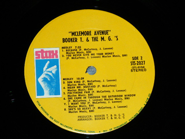 画像:   BOOKER T.& THE MG'S - McLEMORE AVENUE  ( Matrix # -STL-0103 master craft PR/STL-0104 master craft PR ) ( Ex++/Ex+++, A-1:Ex++  :EDSP ) / 1970 US AMERICA  ORIGINAL   "YELLOW Label with MEMPHIS ADDRESS with DIV. Of PARAMOUNT" Used LP 