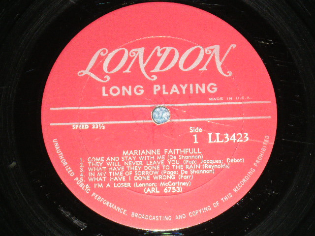 画像: MARIANNE FAITHFULL - MARIANNE FAITHFULL ( Matrix # ARL-6753  / ARL- 6754 ) ( Ex++,Ex /Ex++ )  / 1965 US AMERICA  ORIGINAL "MARRON Label with Un-Boxed LONDON " MONO Used LP 
