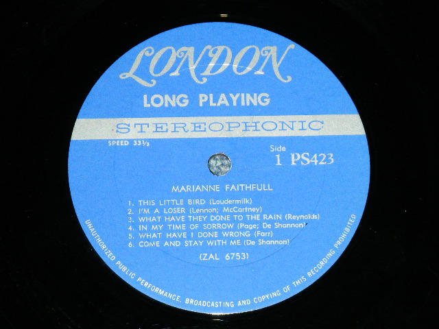 画像: MARIANNE FAITHFULL - MARIANNE FAITHFULL ( Matrix # ZAL-6753-R /  ZAL-6754  ) ( Ex+/Ex+++ )  / 1965 US AMERICA  ORIGINAL "BLUE Label with Un-Boxed LONDON " STEREO Used LP 