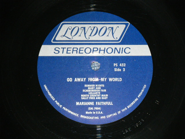画像: MARIANNE FAITHFULL - GO AWAY FROM MY WORLD ( Matrix # ZAL-7033-4  /  ZAL-7034-1 ) (Ex++,Ex/Ex+++ )  / 1965 US AMERICA  ORIGINAL "BLUE Label with Boxed LONDON " STEREO Used LP 