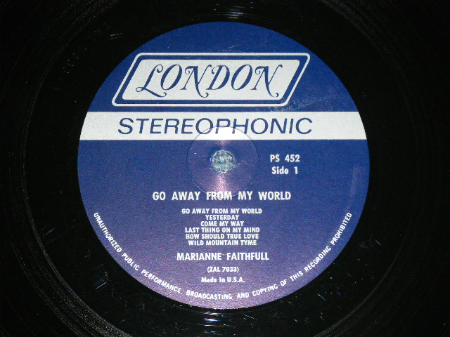 画像: MARIANNE FAITHFULL - GO AWAY FROM MY WORLD ( Matrix # ZAL-7033-4  /  ZAL-7034-1 ) (Ex++,Ex/Ex+++ )  / 1965 US AMERICA  ORIGINAL "BLUE Label with Boxed LONDON " STEREO Used LP 