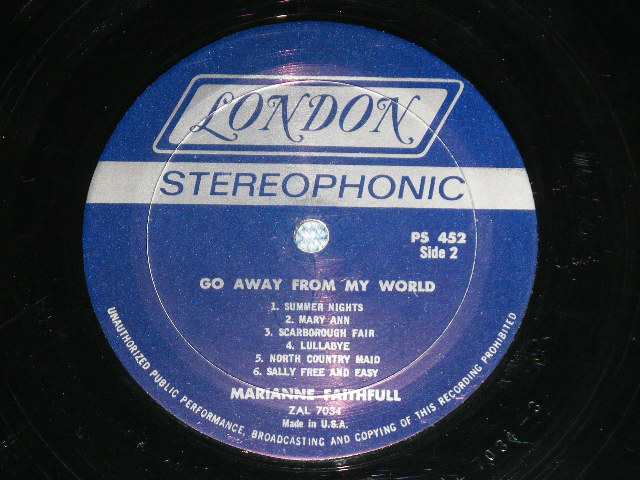 画像: MARIANNE FAITHFULL - GO AWAY FROM MY WORLD ( Matrix # ZAL-7033-3 △8584 /  ZAL-7034-3 △8584-x ) ( Ex+/Ex++ ; EDSP )  / 1965 US AMERICA  ORIGINAL "BLUE Label with Boxed LONDON " STEREO Used LP 