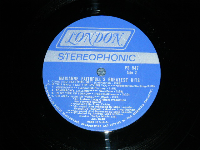 画像: MARIANNE FAITHFULL -  GREATEST HITS  ( Matrix # ZAL-8748-2  /  ZAL-8749-2 ) (Ex+/Ex+ )  / 1969 US AMERICA  ORIGINAL "BLUE Label with Boxed LONDON " STEREO Used LP 
