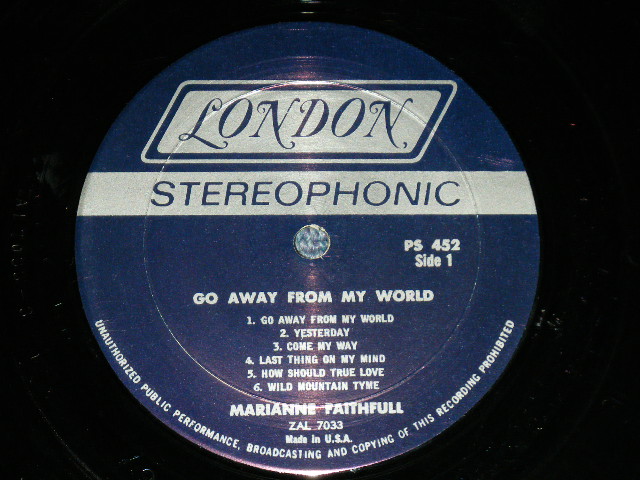 画像: MARIANNE FAITHFULL - GO AWAY FROM MY WORLD ( Matrix # ZAL-7033-3 △8584 /  ZAL-7034-3 △8584-x ) ( Ex+/Ex++ ; EDSP )  / 1965 US AMERICA  ORIGINAL "BLUE Label with Boxed LONDON " STEREO Used LP 