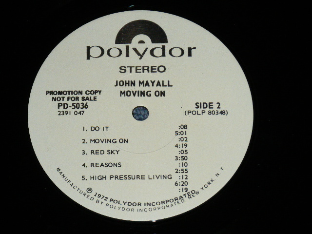 画像: JOHN MAYALL - MOVING ON  ( Matrix # POLP-80347-1A /POLA-80348-1A) ( Ex+++/MINT-)   / 1972 US AMERICA ORIGINAL "WHITE LABEL PROMO" Used LP 