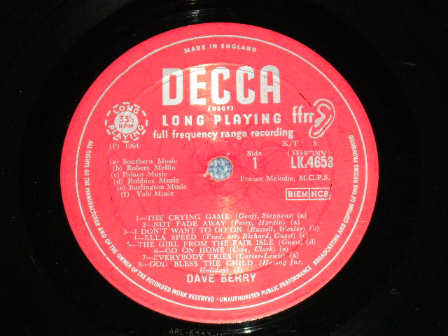 画像: DAVE BERRY - DAVE BERRY  (1A/1A) ( Ex/Ex+)  / 1964 UK ENGLAND ORIGINAL "MAROON with Unboxed DECCA Label" MONO Used LP 