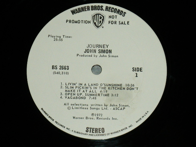 画像: JOHN SIMON - JOURNEY ( Matrix # BS 2663-A-40310-1C// BS 2663-B-40311-1F)( Ex+++/MINT- ) / 1972  US AMERICA ORIGINAL "With INSERTS" "WHITE LABEL PROMO" Used LP 