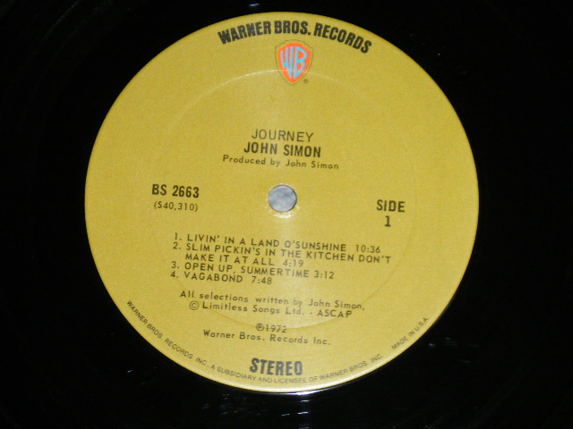 画像: JOHN SIMON - JOURNEY ( Matrix # BS 2663-A-40310-1C// BS 2663-B-40311-1C)( Ex+++/MINT- :Cut Out ) / 1972  US AMERICA ORIGINAL "GREEN with 'WB' Logo on Top Label" Used LP 