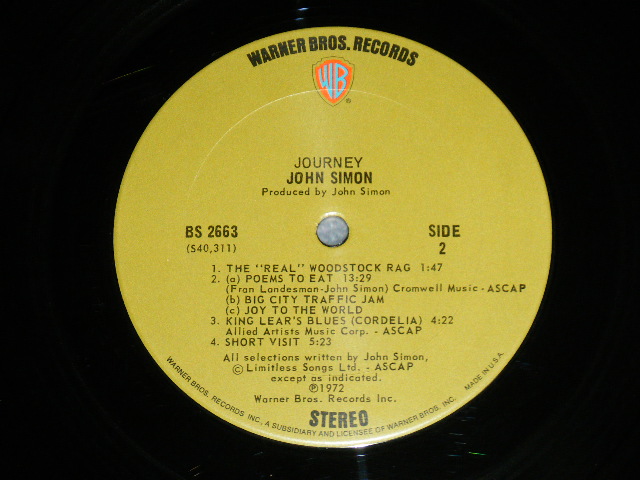 画像: JOHN SIMON - JOURNEY ( Matrix # BS 2663-A-40310-1C// BS 2663-B-40311-1C)( Ex+++/MINT- :Cut Out ) / 1972  US AMERICA ORIGINAL "GREEN with 'WB' Logo on Top Label" Used LP 